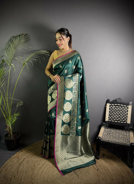 Joban Fashion Dark Green Banarasi Soft Lichi Silk Paisley Saree | Swadesiicart