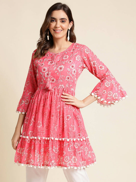 Pink Cotton Floral Printed Top - Himanshi - Swadesiicart