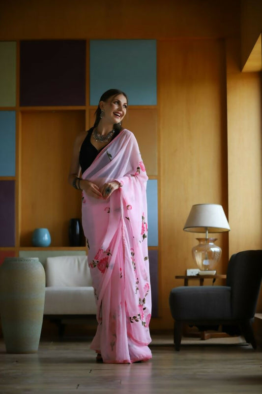 Vamsee Laxmi Pink Georgette Saree - Swadesiicart