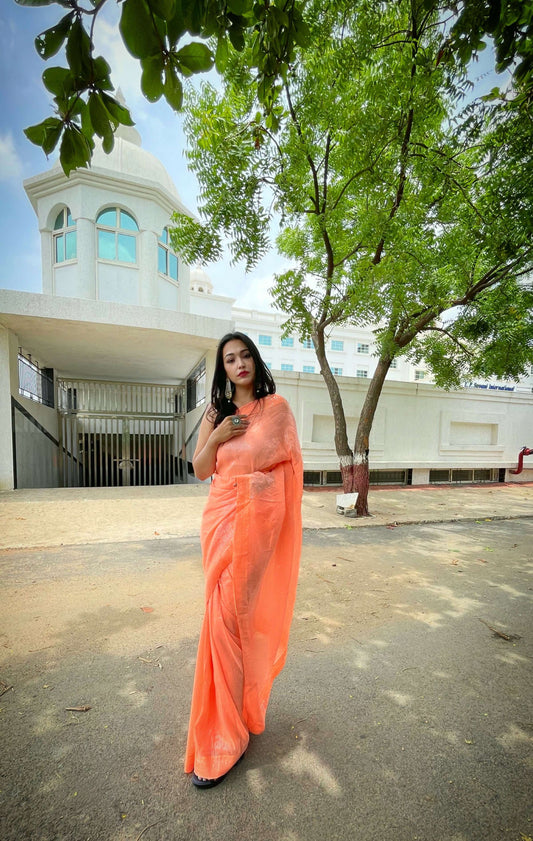 Vamsee Solid Color Sea Orange Georgette Saree - Swadesiicart