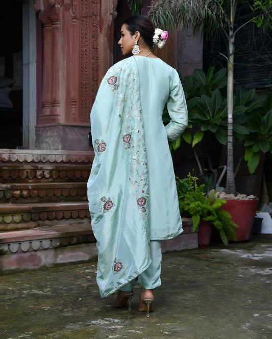Vaasva Women's Tissue Silk Emboidered Suit Set With Solid Pant & Solid Embroidered Dupatta | Swadesiicart