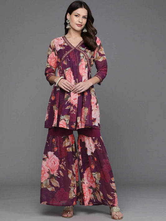 Ahalyaa Women Floral Printed Tunic with Sharara - Black Color | Swadesiicart