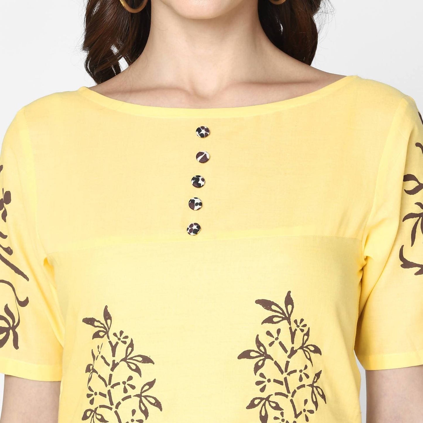 Cheera Hand Block Print Pale Yellow Straight Kurta (MAAI-056K) | Swadesiicart