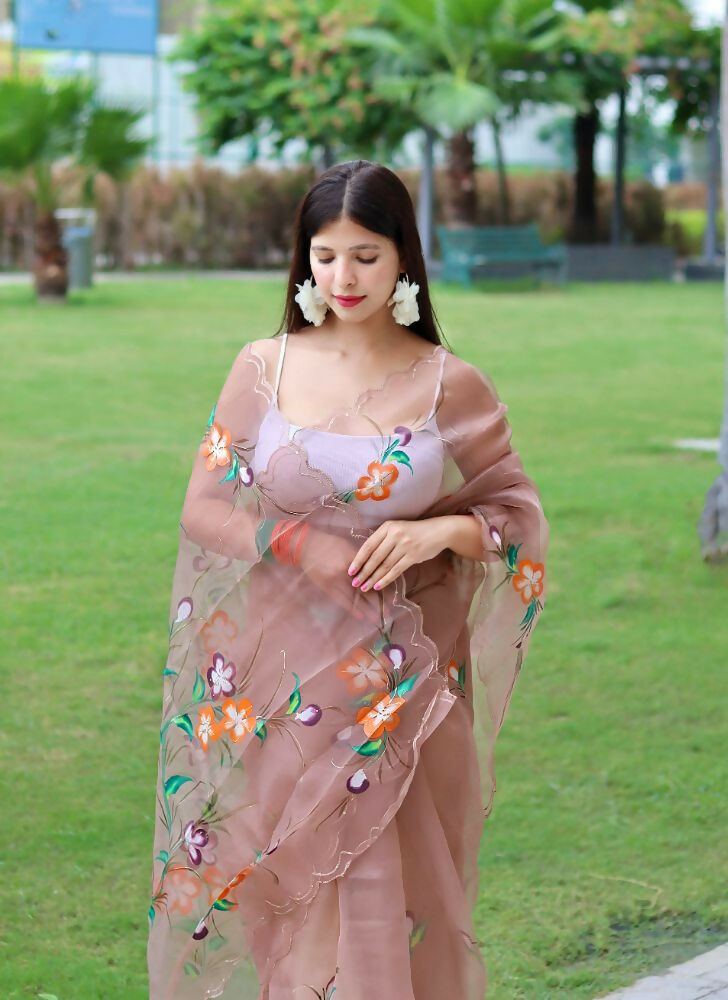 Vamsee Urmila Brown Organza Saree - Swadesiicart