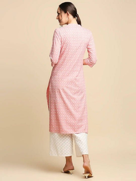 Anubhutee Peach-Coloured & White Khari Printed Straight Kurta - Swadesiicart