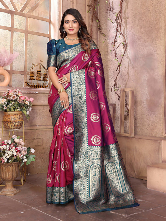 Joban Fashion Magenta Banarasi Soft Silk Woven Saree | Swadesiicart