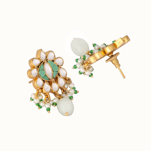 Nuyug 22K Gold Plated Semi Precious Green Stone Studded Pearl Drop Stud Earrings | Swadesiicart