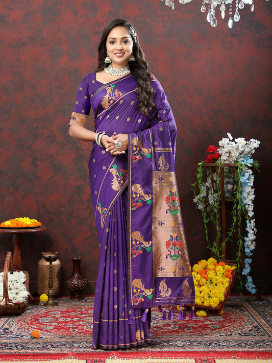 Lorenvalley Fashion Purple Soft Paithani Silk Woven Design Copper Zari Meenakari Weaving Saree - Swadesiicart