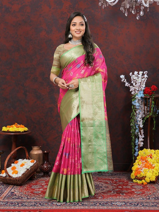 Lorenvalley Fashion Pink Cotton Woven Design Zari Meenakari Weaving Saree - Swadesiicart