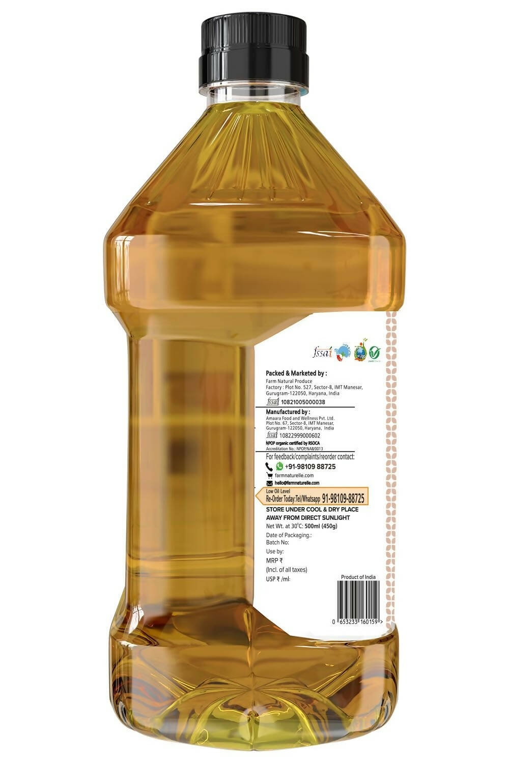 Farm Naturelle Organic Ghani Cold Pressed Virgin Groundnut/Peanut Oil - Swadesiicart