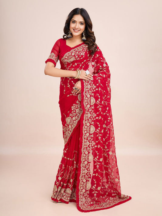 kasee Floral Embroidered Pure Georgette Ready to Wear Saree | Swadesiicart