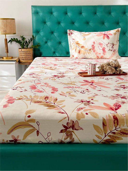 URBAN SPACE Serene White Floral Printed 200 TC Pure Cotton Bedsheet & Pillow Covers - Swadesiicart
