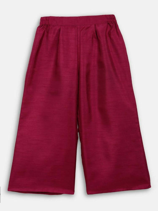 Ahalyaa Wine Poly Silk Curved Kids Kurta Palazzo Set With Bottom For Girls
