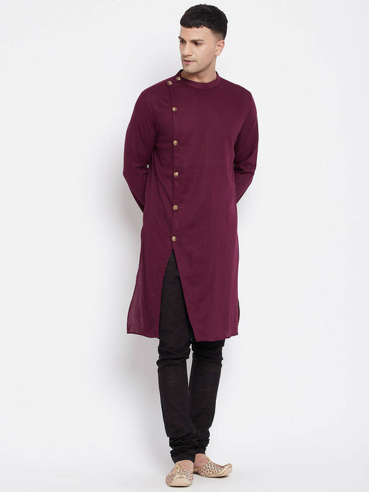 Even Apparels Maroon Pure Cotton Men's Sherwani Kurta With Asymetrical Cut | Swadesiicart