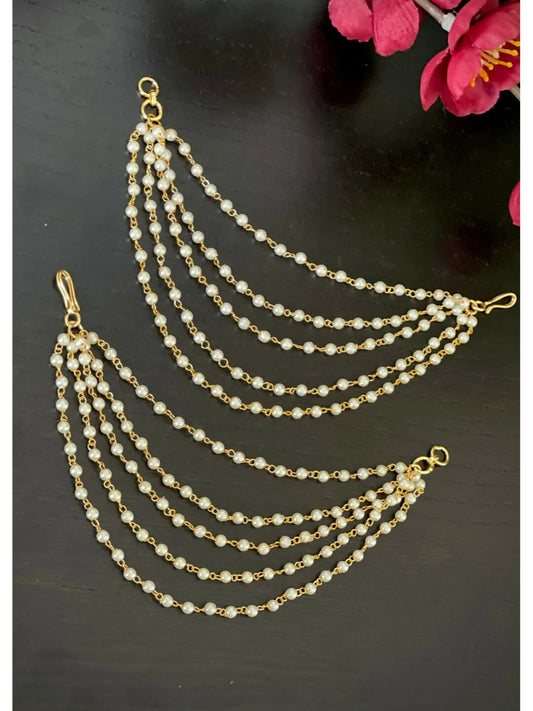 NVR Pearl Studded Classic Gold-Polished 5 Line Ear Chain Ear Cuff | Swadesiicart