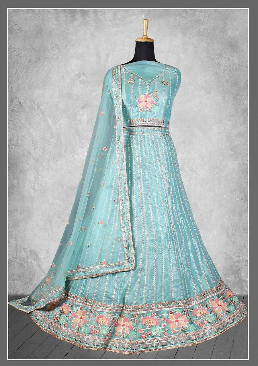 Sky Blue Georgette Embroidery & Sequence Work Semi-Stitched Lehenga Choli - Nimaya Kangan | Swadesiicart