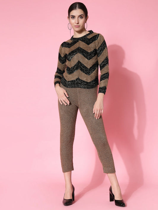 Women Black Acrylic Stripe & Solid Winter Co-Ord Set - Wool Trees - Swadesiicart