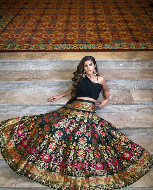Black Banarasi Silk Lehenga Choli for Women, Ready to Wear Stitched Lengha Choli for Party by Infinity Export | Swadesiicart