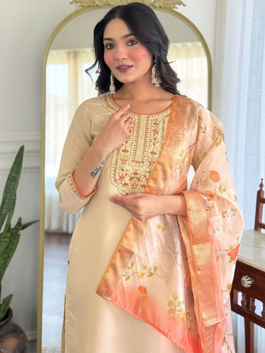 The52 Chiku Women's Beautiful Rayon Fabric Embroidered Work Straight Kurta Pant and Dupatta Set - Swadesiicart