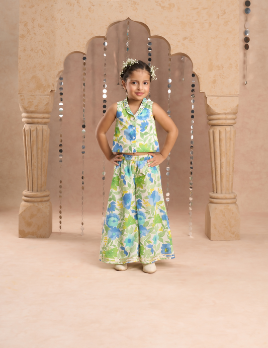 Lil Drama Jaipur Print Stylish Top with Pant Co-ordinate Set for Girls - Green - Swadesiicart