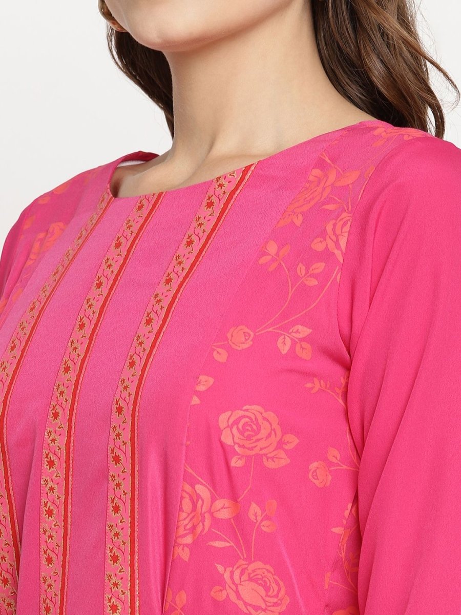 Ahalyaa Dark Pink Crepe Khari Print Dress For Women | Swadesiicart