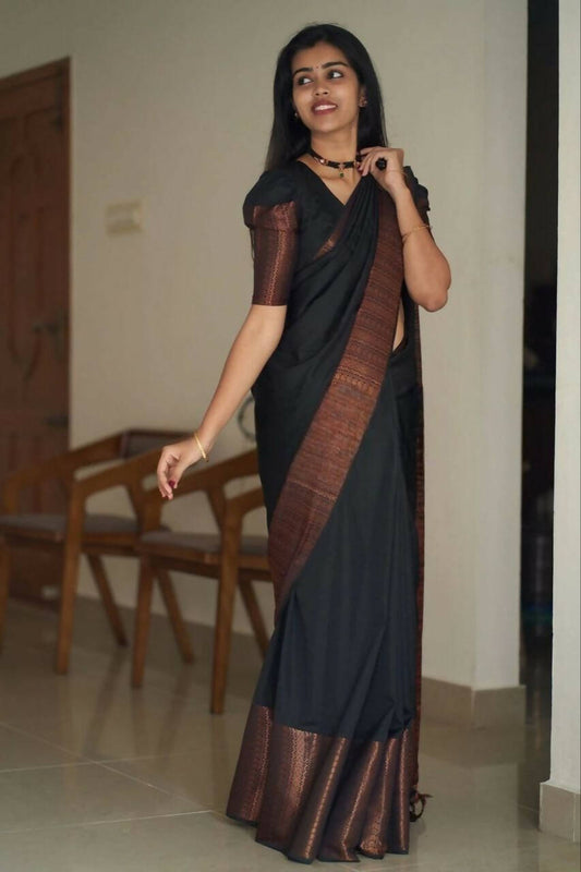 DEIANA'S Beautiful Designer Golden zari Soft Lichi Silk Saree - Black - Swadesiicart
