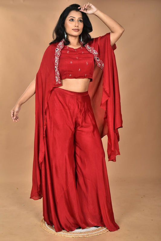 Morchari Women And Hand Embroidery Palazzo Set-Maroon - Swadesiicart