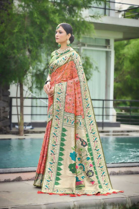 Vishnu Weaves Women's Orange Paithani Patola Silk Zari Woven Saree with Unstitched Blouse - Swadesiicart