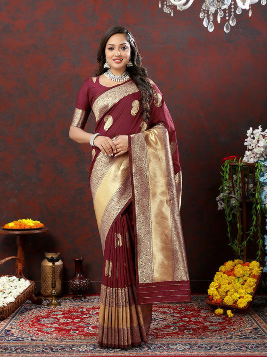 Lorenvalley Fashion Maroon Soft Silk Woven Design Gold Zari Weaving Saree - Swadesiicart