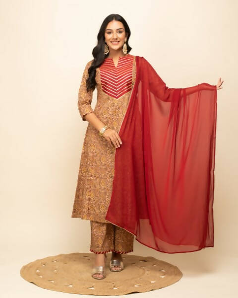 FIORRA Women's Brown Cotton A-Line Kurta Pant With Dupatta - Swadesiicart