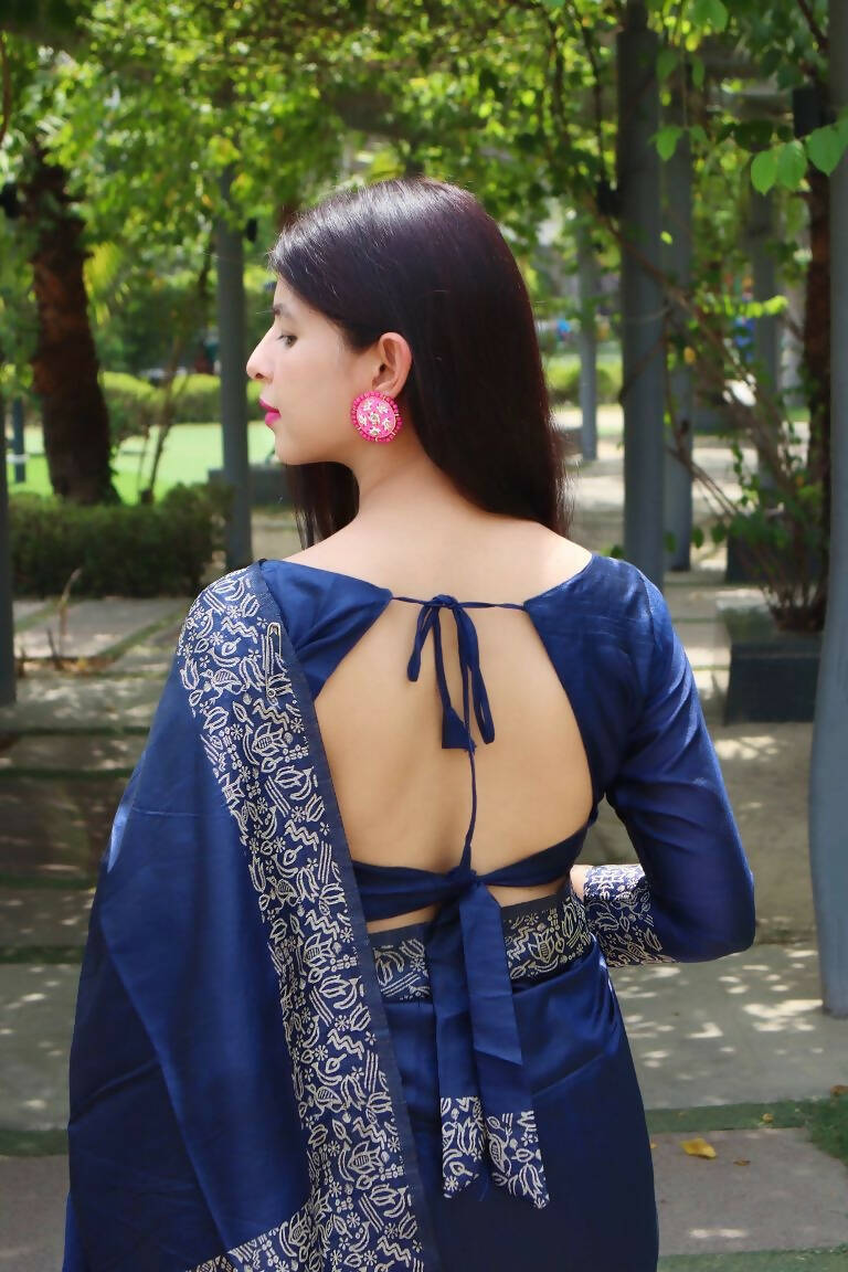 Vishnu Weaves Women's Blue Handloom Raw Silk Woven Border Saree with Unstitched Blouse - Swadesiicart