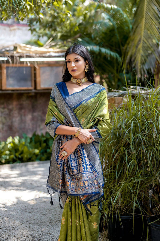 Vishnu Weaves Women's Mahendi Tussar Silk Zari Woven Saree with Blouse - Swadesiicart
