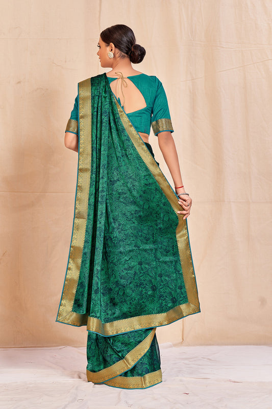 Vamika Rama Green Designer Cadbury Chiffon Banarasi Lace Saree | Swadesiicart