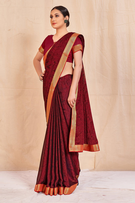 Vamika Maroon Designer Cadbury Chiffon Banarasi Lace Saree | Swadesiicart