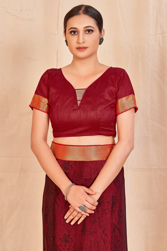 Vamika Maroon Designer Cadbury Chiffon Banarasi Lace Saree | Swadesiicart