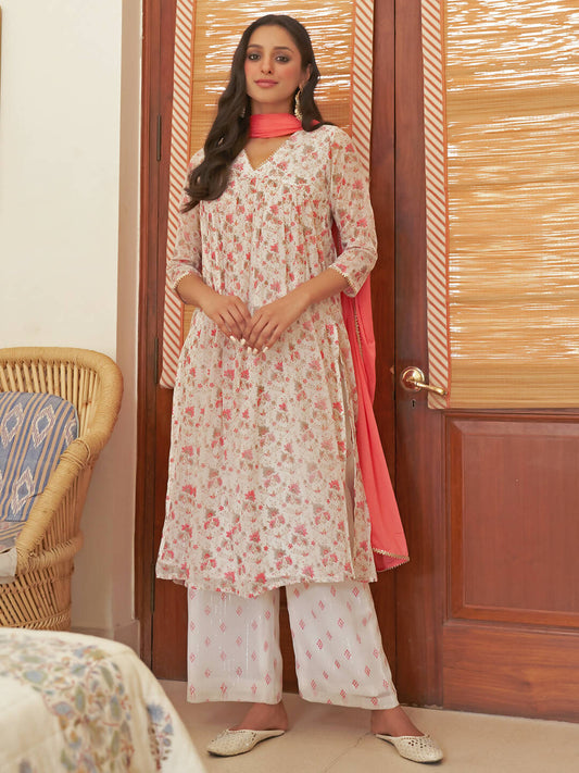 Janasya Women's White Chiffon Lurex Floral Printed Festive Straight Kurta Set | Swadesiicart