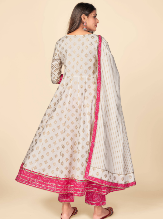 NOZ2TOZ Women's Pink & White Anarkali Kurta & Pant With Dupatta Set (3pcs Set) - Swadesiicart