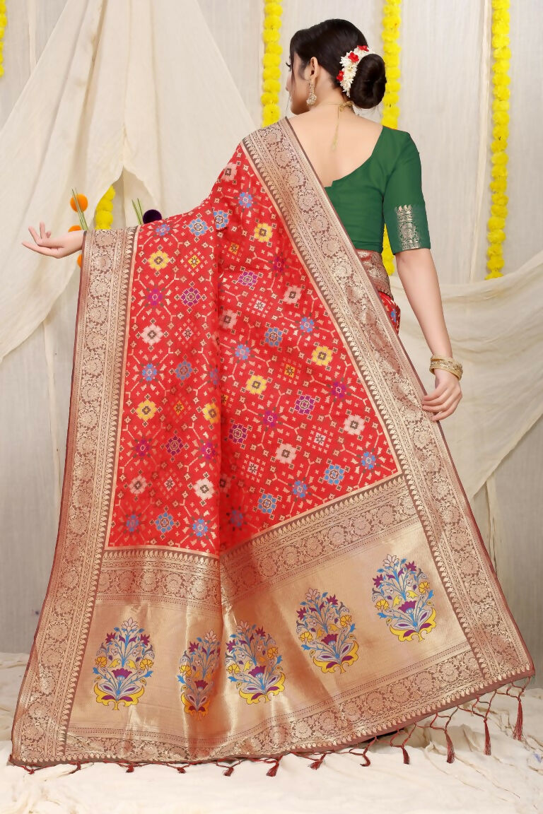 Jyoti Fashion Women's Red Patola Silk Zari Woven Saree with Blouse | Swadesiicart
