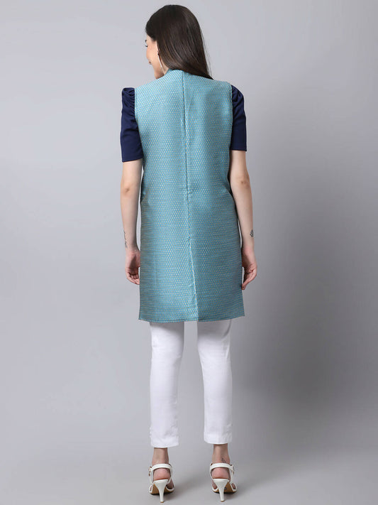 Even Apparels Blue Bansari Silk Open Front Women's Long Coat | Swadesiicart