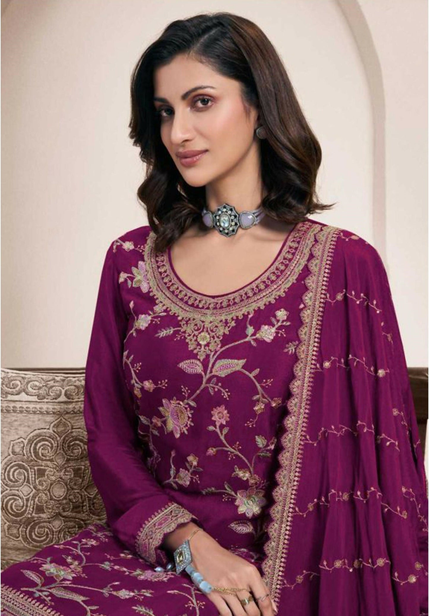 Anaita Wine Heavy Chinon With Embroidery Sharara Suit (bottom Stitched)