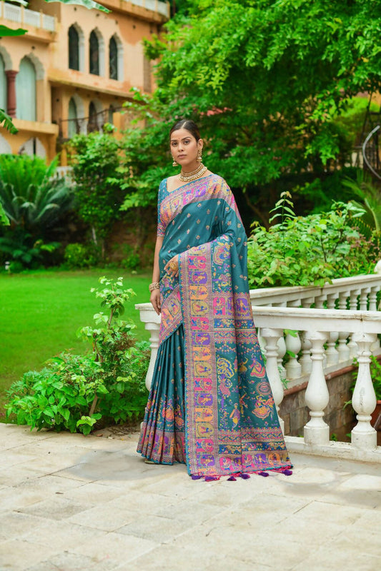 Vishnu Weaves Women's Rama Banarasi Silk Kashmiri Woven Saree with Blouse - Swadesiicart