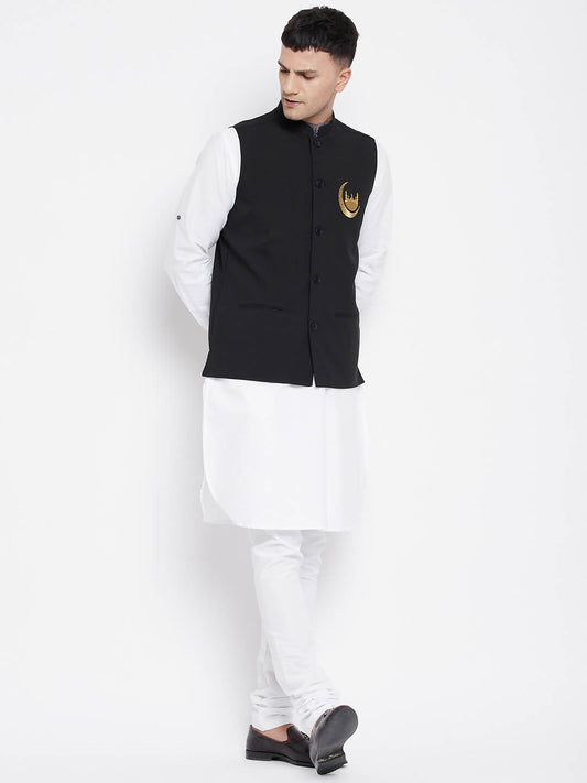 Even Apparels Black Pure Cotton White Kurta Sets With Eid Insignia Jackets PW668-CHA | Swadesiicart