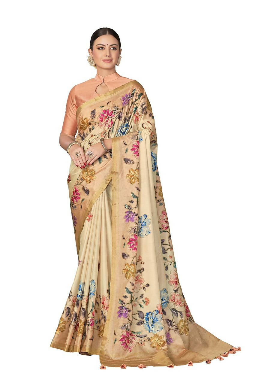 Beige Rangkat Tussar Silk Woven Design Saree with Unstitched Blouse - Mohmanthan Eshani | Swadesiicart