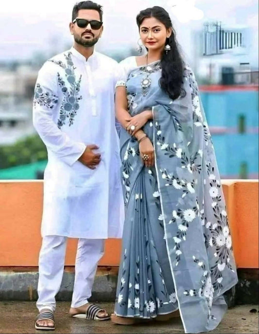 Exclusive Collection Elegant Hand Printing Designe On Pure Cotton Swadesiicart And Men's Kurta - Ash