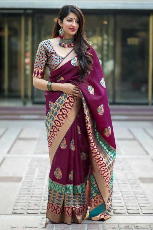 DEIANA'S Beautiful Designer Golden zari Soft Lichi Silk Saree - Wine - Swadesiicart