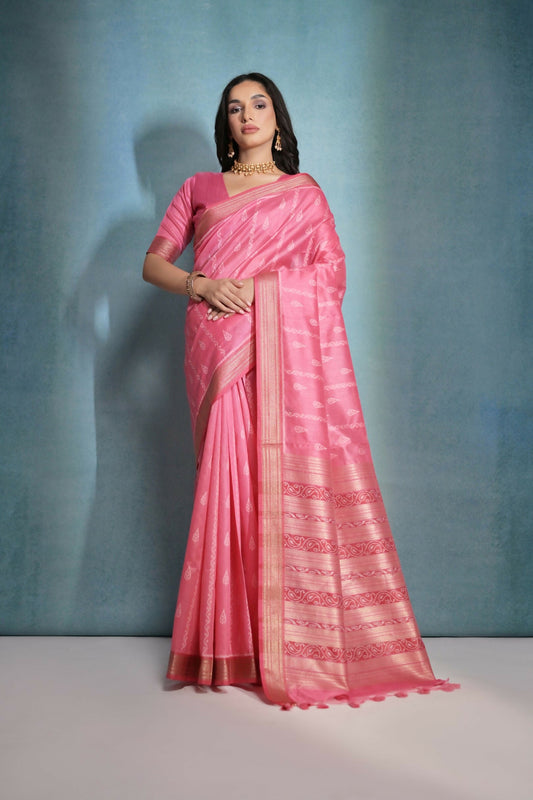 Vishnu Weaves Women's Gajri Raw Silk Zari Woven Saree with Blouse - Swadesiicart