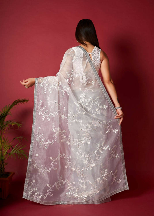 Vamsee White Organza Saree - Swadesiicart