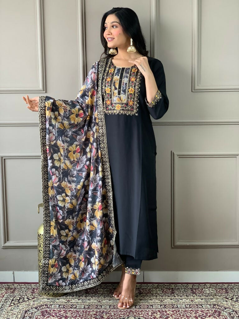 Partywear Designer Viscos Chanderi Black Stitched Suit With Dupatta - Tanisha | Swadesiicart