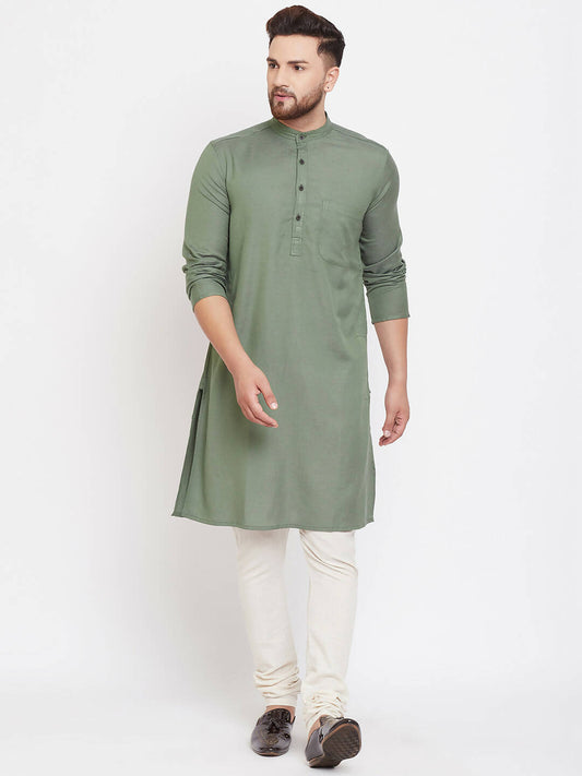 Even Apparels Green Color Linen Linen Men's Kurta With Band Collar | Swadesiicart