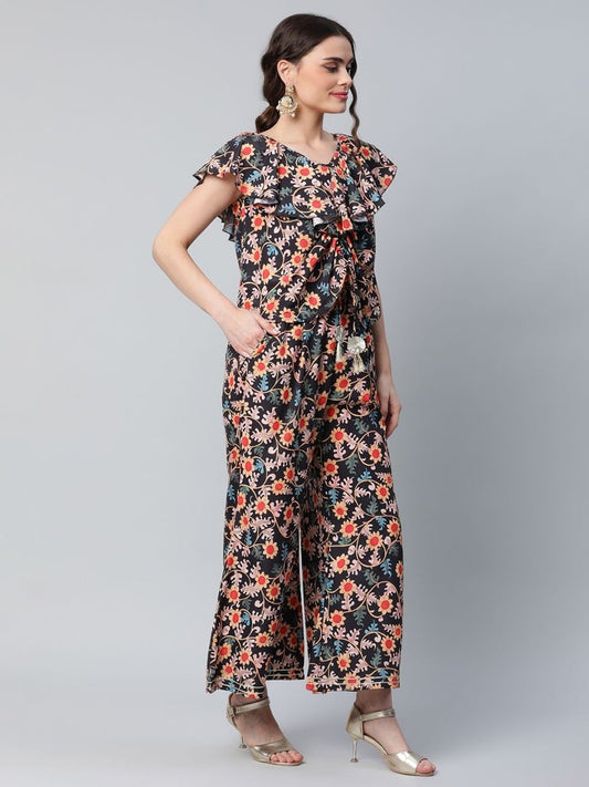 Ahalyaa Women Black Crepe Digital Print Top with Palazzo Set | Swadesiicart